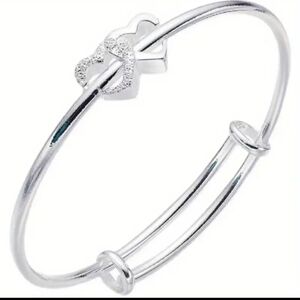 925 Sterling Silver Push Pull Bracelet Cute Double Heart Design‎ Adjustable